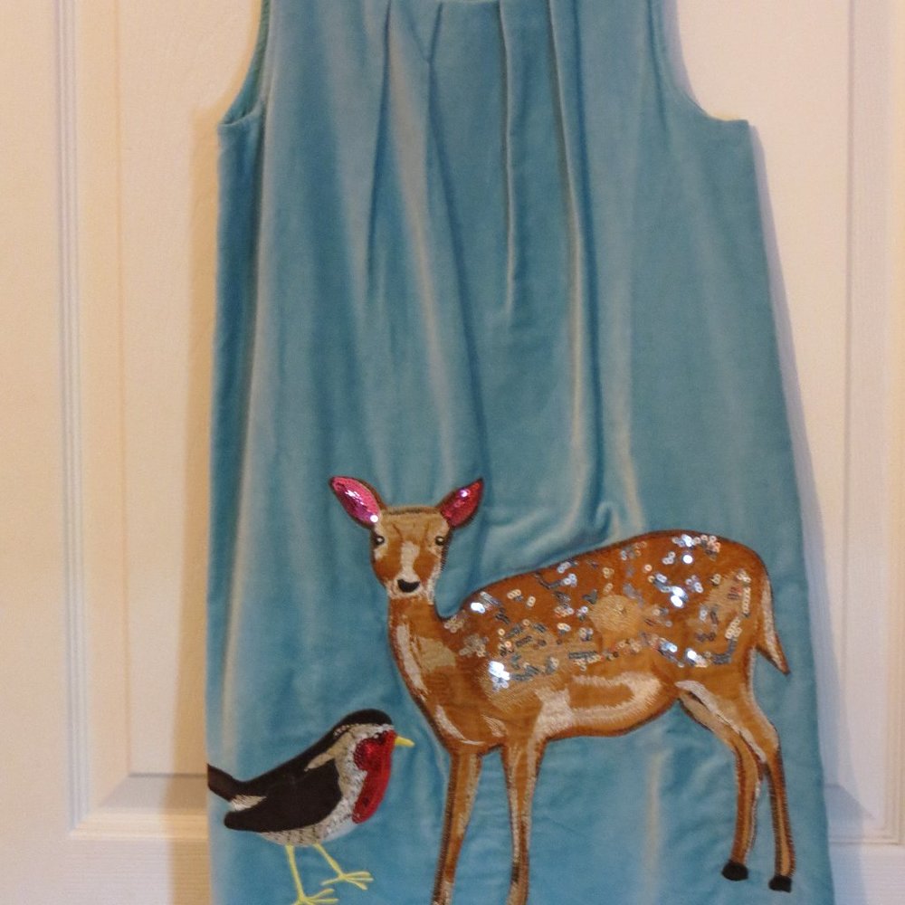 Mini Boden aqua veleveteen lined dress DEER and BIRD applique 9/10